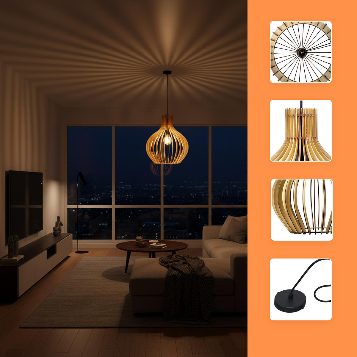 PENDUL Natur Negru lamele din lemn E27 - maro deschis, lemn/metal (35/35/35cm) - Relaxdays