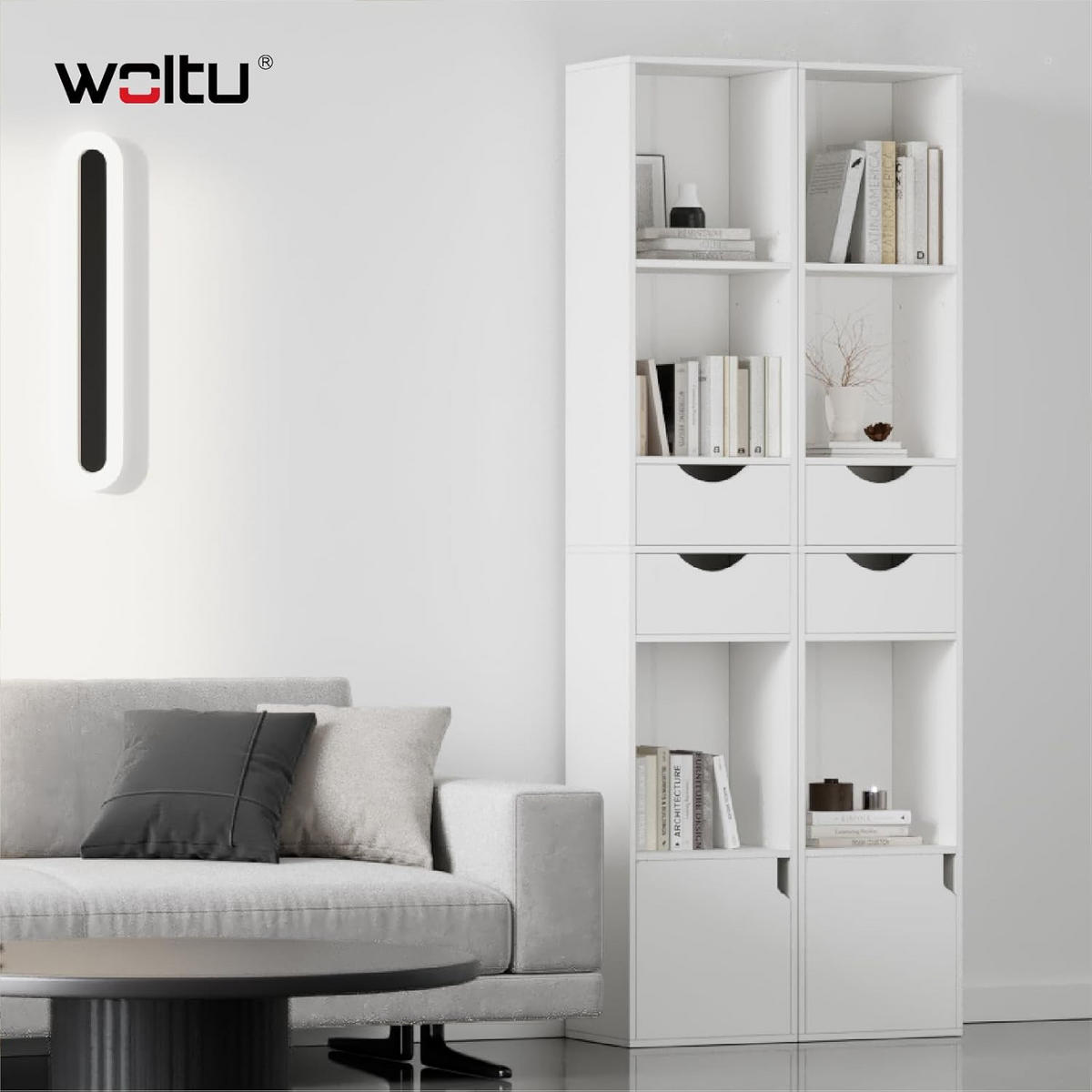 BÜCHERREGAL mit Schubladen Tür Weiß - Weiß, Holzwerkstoff (30/158/24cm) - Woltu