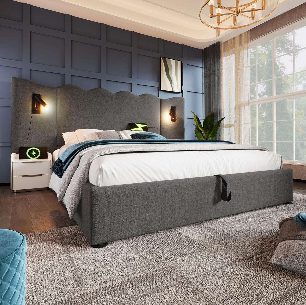 POLSTERBETT aus Leinen 160x200 cm Grau mit Bettkasten, Leselampe und USB-/Type-C-Anschlüssen - Grau, Textil (160/200cm) - IVMEU