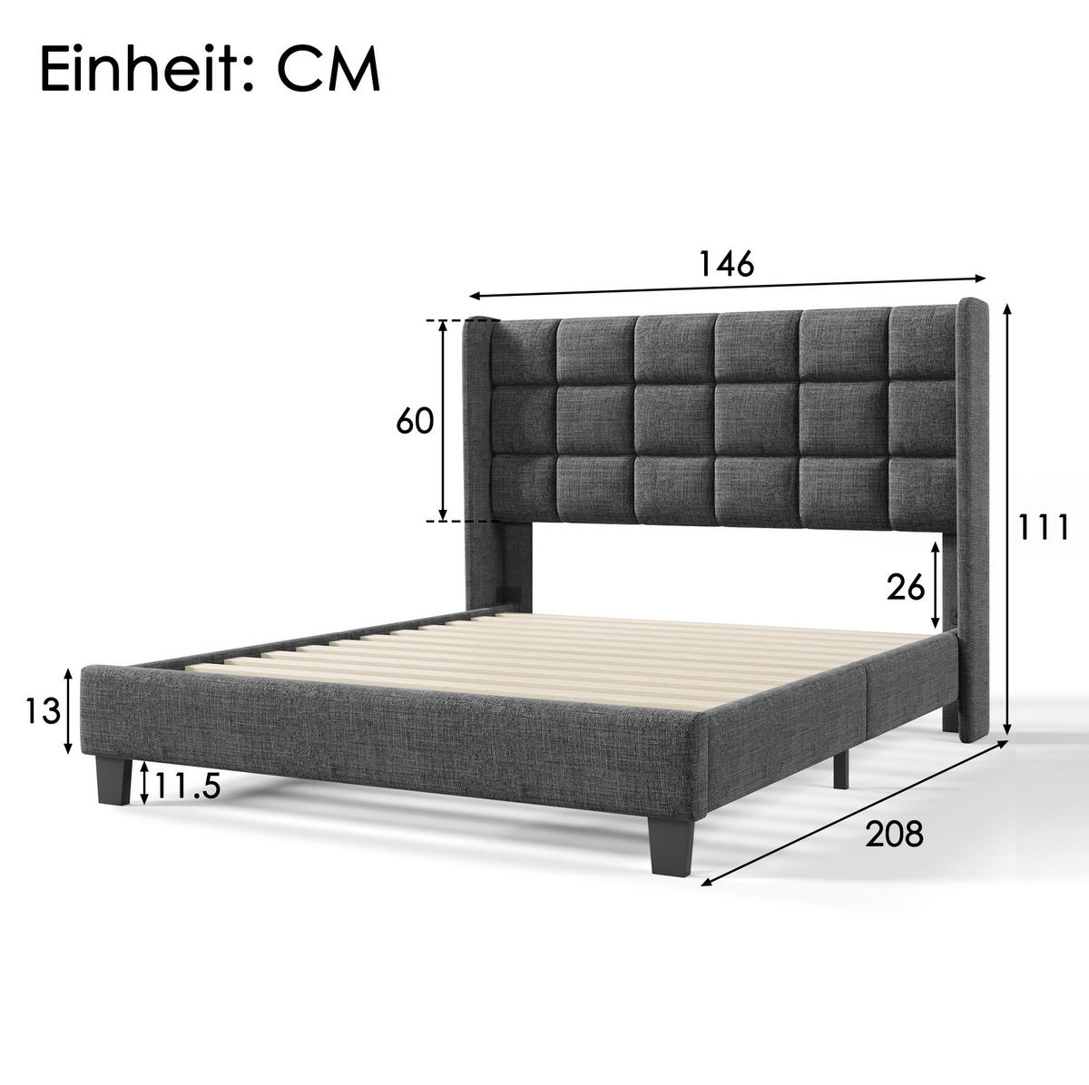 POLSTERBETT 140/200 cm Grau aus Leinen mit Lattenrost - Grau, Textil (140/200cm) - OKMYHOME
