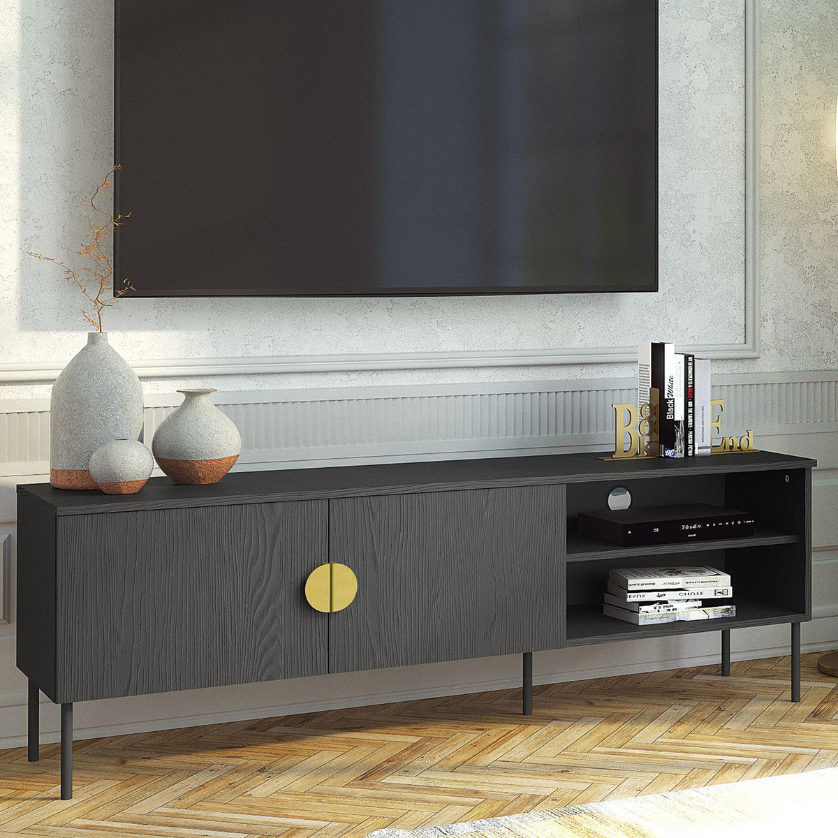 TV-LOWBOARD VIDIS Holzstruktur - Schwarz, Holzwerkstoff (160/54/40cm) - KONSIMO®