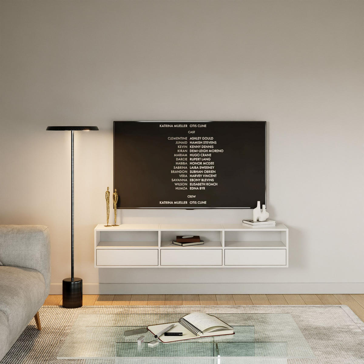 TV-LOWBOARD hängend, 3 Klappen und Ablagen, Weiß, 150 cm - Weiß, Holzwerkstoff (150.1/30/30cm) - Selsey