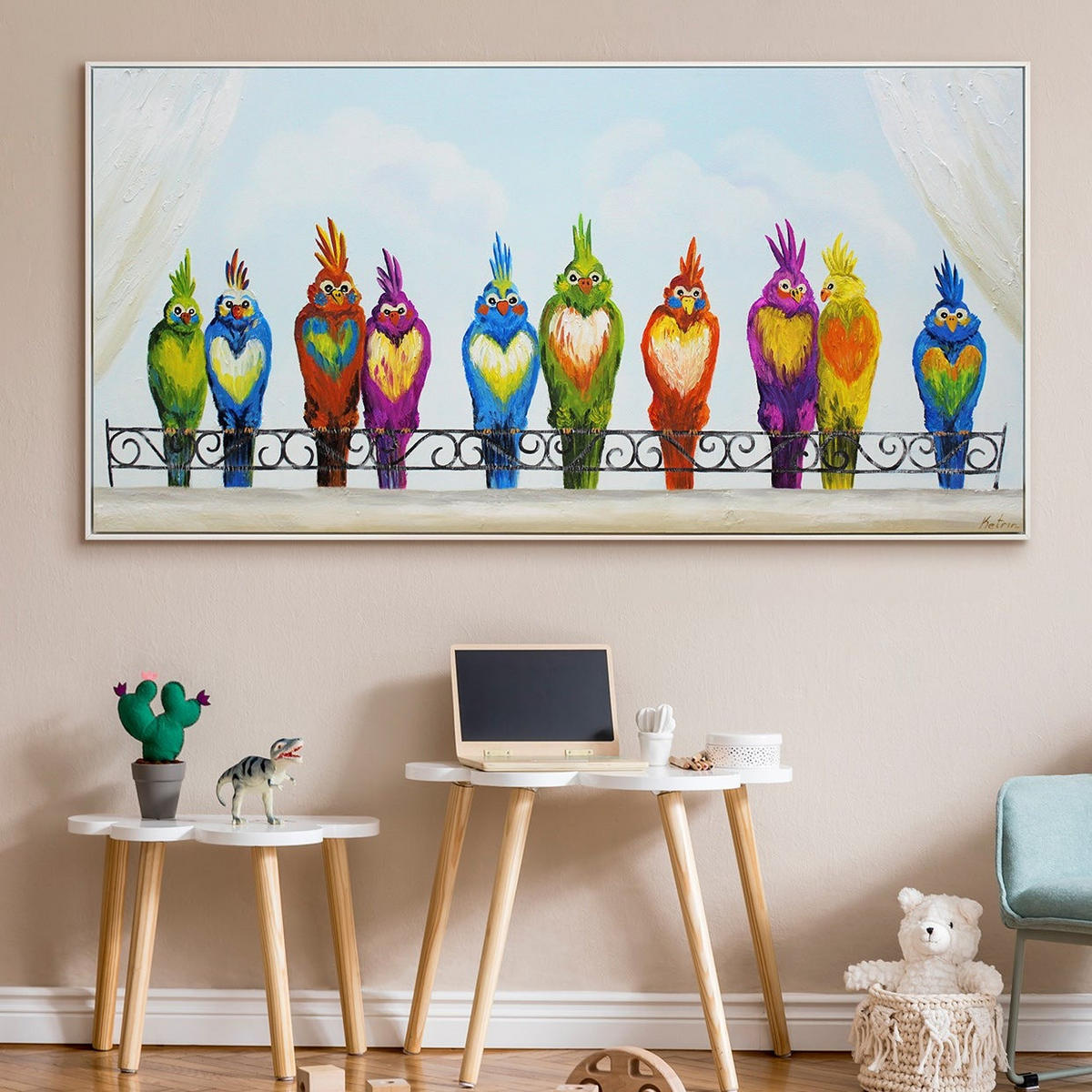 GEMÄLDE Lustige Vögel Schattenfugenrahmen weiß 160x80 cm - Weiß, Holz (160/80cm) - YS-art gallery