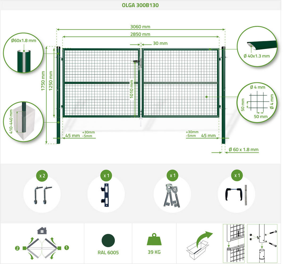 ZAUNTOR Olga Grün 3m H.130cm + TÜRCHEN 1m H.130cm - Grün, Metall (306/131cm) - Casanoov