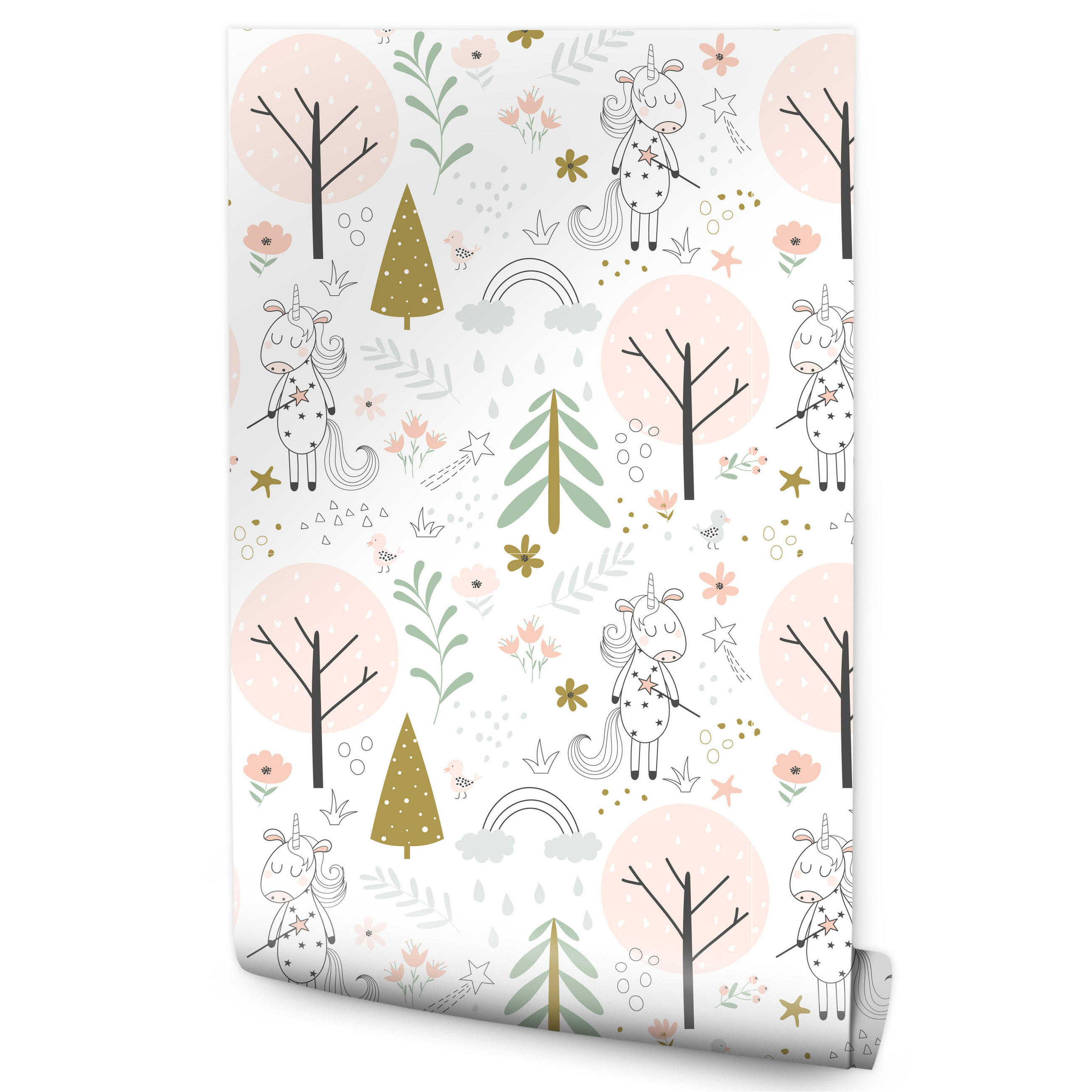 VLIESTAPETE Einhörner und Blumen – Rosa, Grün, Weiß – 50x1000 cm - Rosa/Weiß, Papier (50/1000cm) - Muralo
