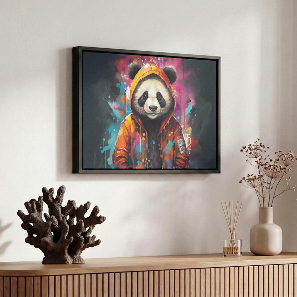 LEINWAND Bilder mit Rahmen - Panda - Jacke - Graffiti - Orange - 30x20 - Orange, Textil (30/20cm) - MuchoWow