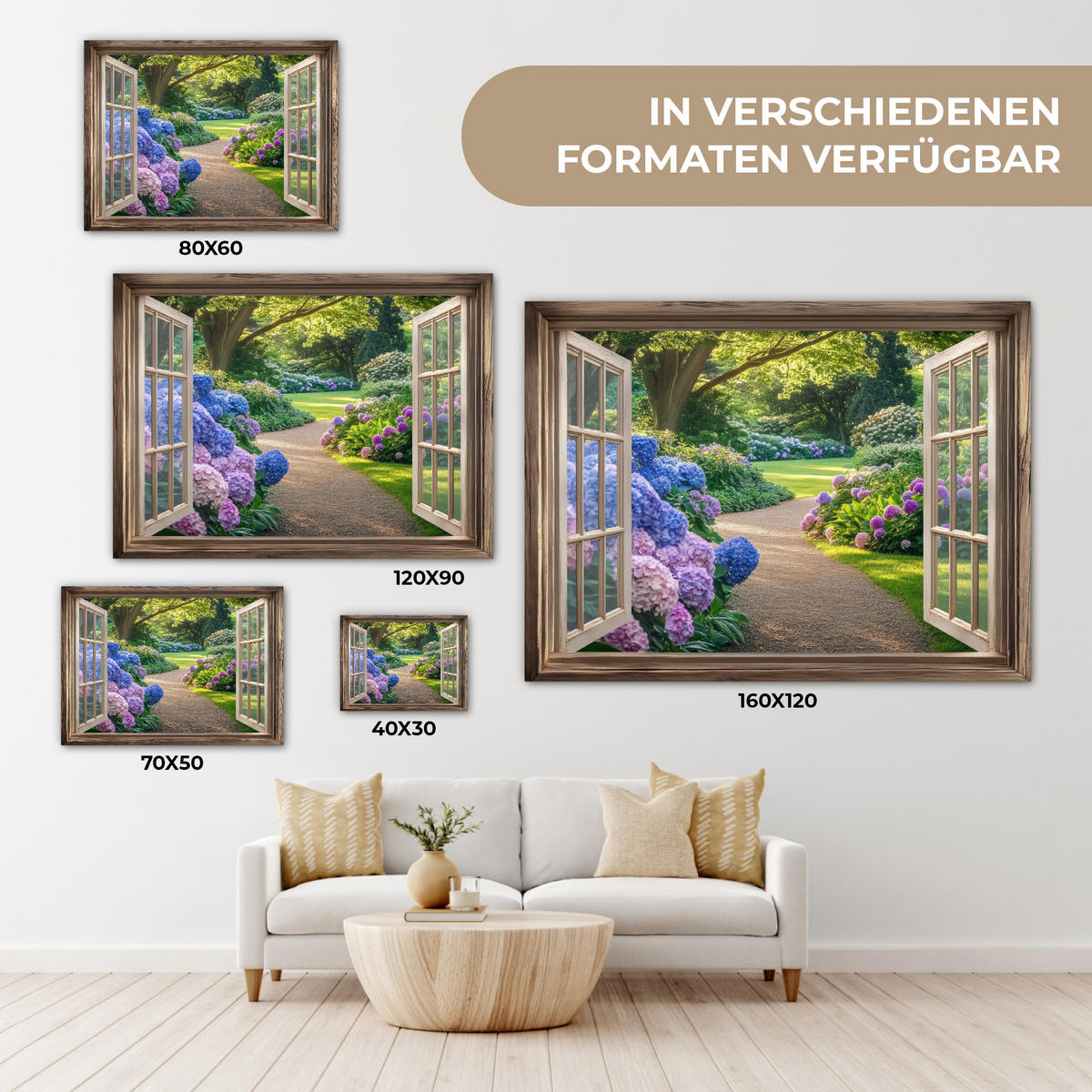 LEINWANDBILD Aussicht - Garten - Fenster - Hortensie - Blumen 40x30 cm - Pastellblau, Textil (40/30cm) - MuchoWow