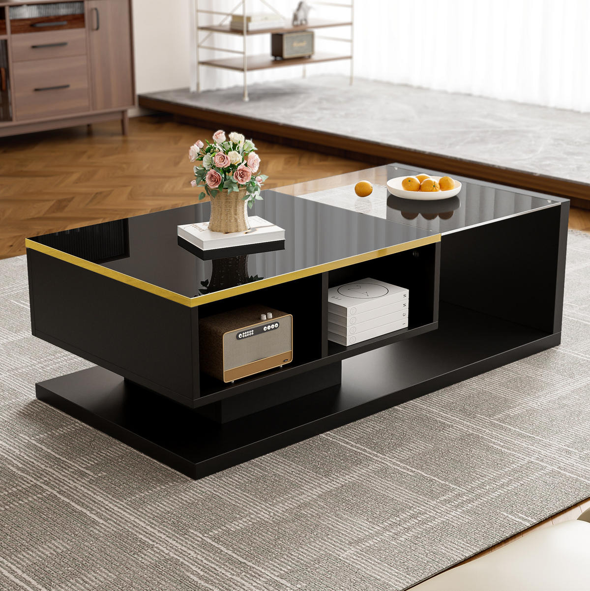 COUCHTISCH mit LED 100 x 50 cm Schwarz Hochglanz mit Glas - Schwarz, Holzwerkstoff (100/50/32.5cm) - Meubliv