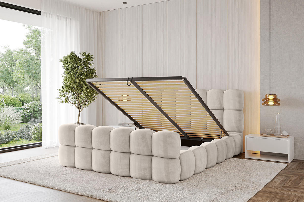 POLSTERBETT mit Bettkasten, Fußteil und Lattenrost, Bett mit Matratze H3/H4 - LEYA-Z 120x200 Beige - Beige, Holzwerkstoff/Textil (120/200cm) - ALTDECOR