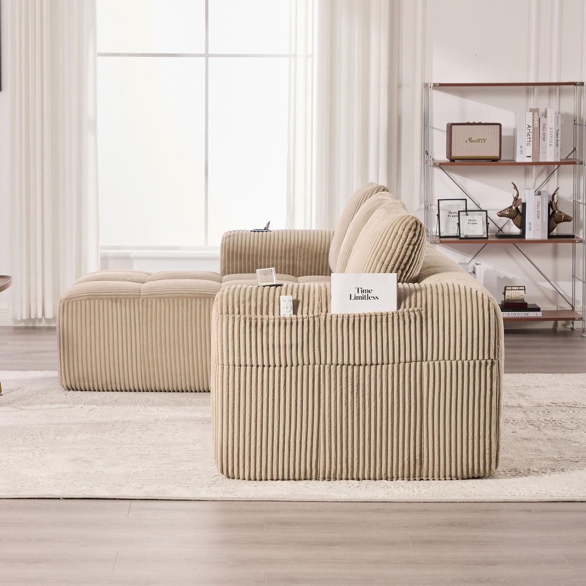 ECKSOFA 253/158/61 cm Khaki mit Seitentasche und Getränkehalter - Sandfarben, Textil (253/158cm) - Oxeza