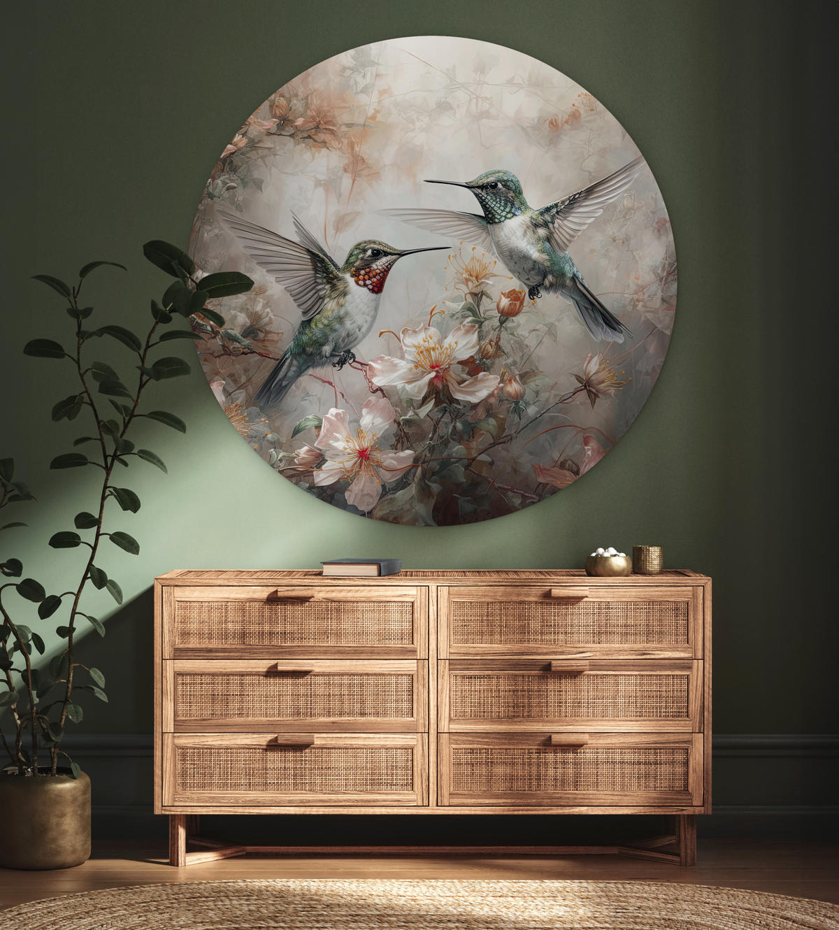 WANDBILD Kolibri - Vögel - Blumen - Pflanzen 150x150 cm - Hellgrün, Kunststoff (150/150cm) - MuchoWow