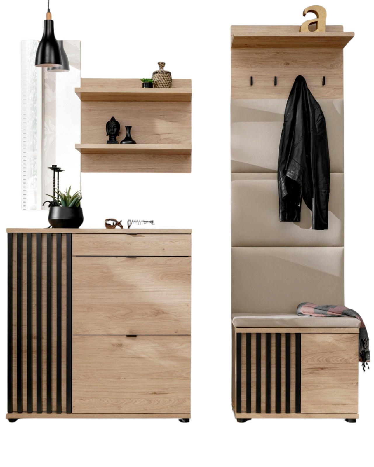 GARDEROBE Set 4-teilig Eiche Jackson, schwarz 250 cm, Garderobenkombination mit 3D-Lamellen - Eichefarben/Schwarz, Holzwerkstoff/Kunststoff (160/202/35cm) - Furn.Design