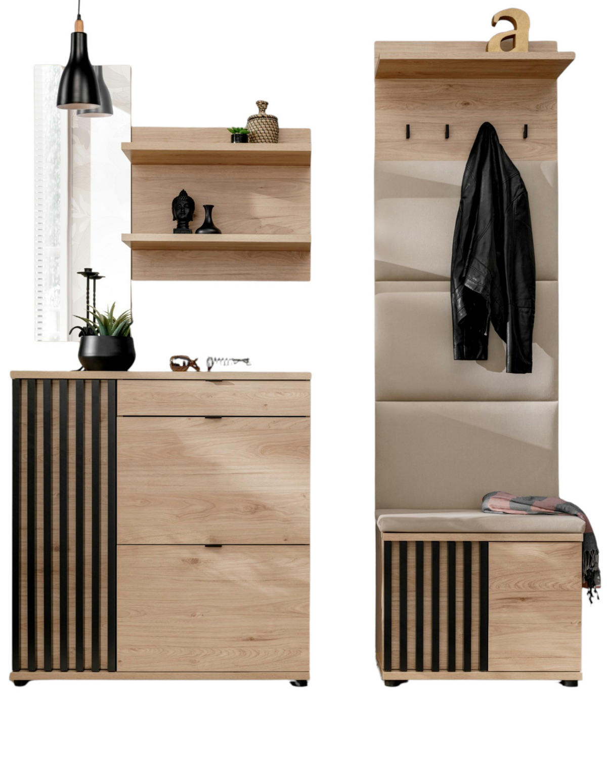 GARDEROBE Set 4-teilig Eiche Jackson, schwarz 250 cm, Garderobenkombination mit 3D-Lamellen - Eichefarben/Schwarz, Holzwerkstoff/Kunststoff (160/202/35cm) - Furn.Design