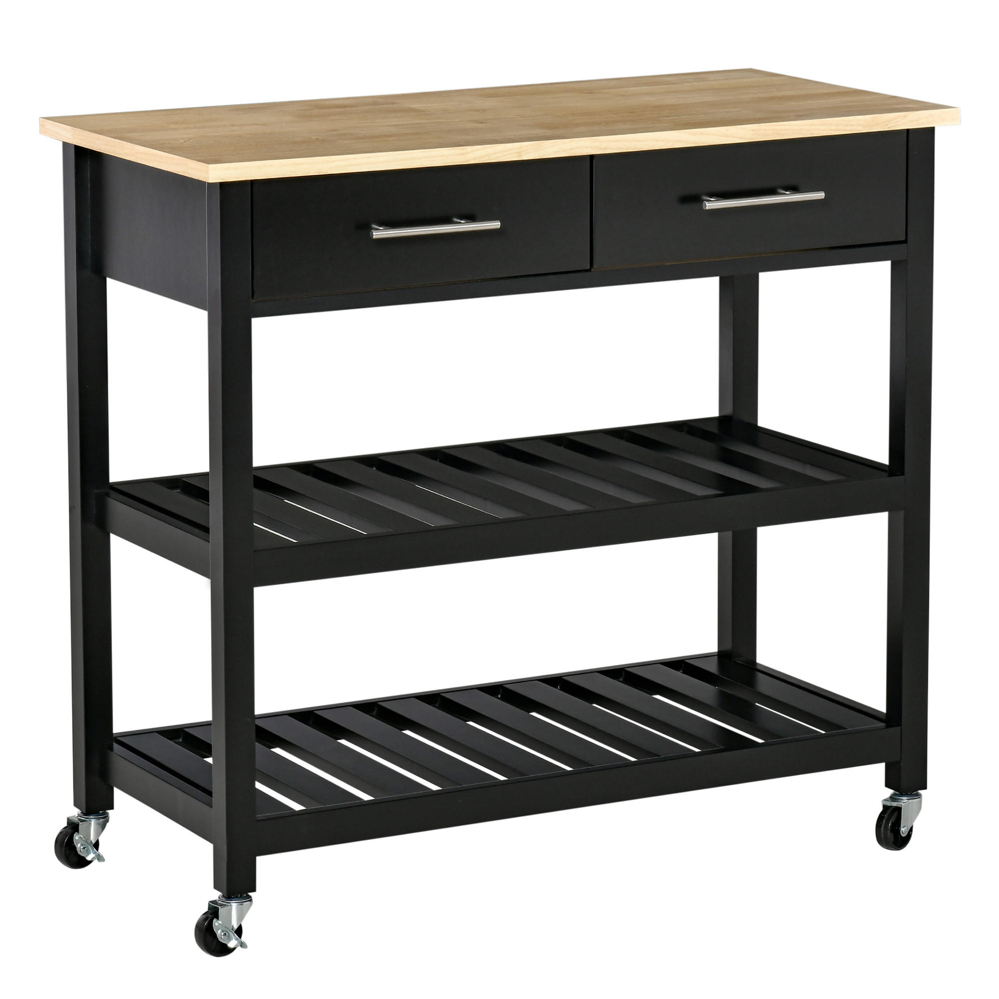 KÜCHENWAGEN, Küchenwagen mit Rollen, 2 Ablagen und 2 Schubladen, Schwarz-Naturholz-Finish, vielseitig einsetzbar - Multicolor, Metall (91.4/85/45.6cm) - FORIOUS