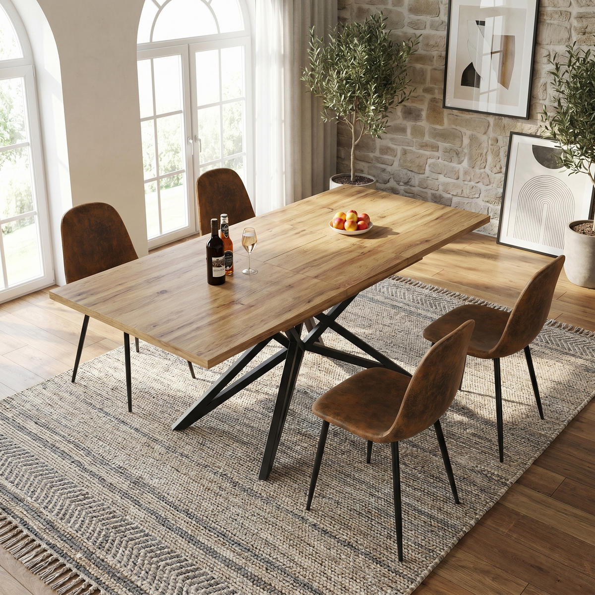 ESSTISCH-SET 1+4, ausziehbarer Tisch mit 4 Esszimmerstühlen - Walnussfarben/Schwarz, Holzwerkstoff (120/66.1/80cm) - Urban Meuble