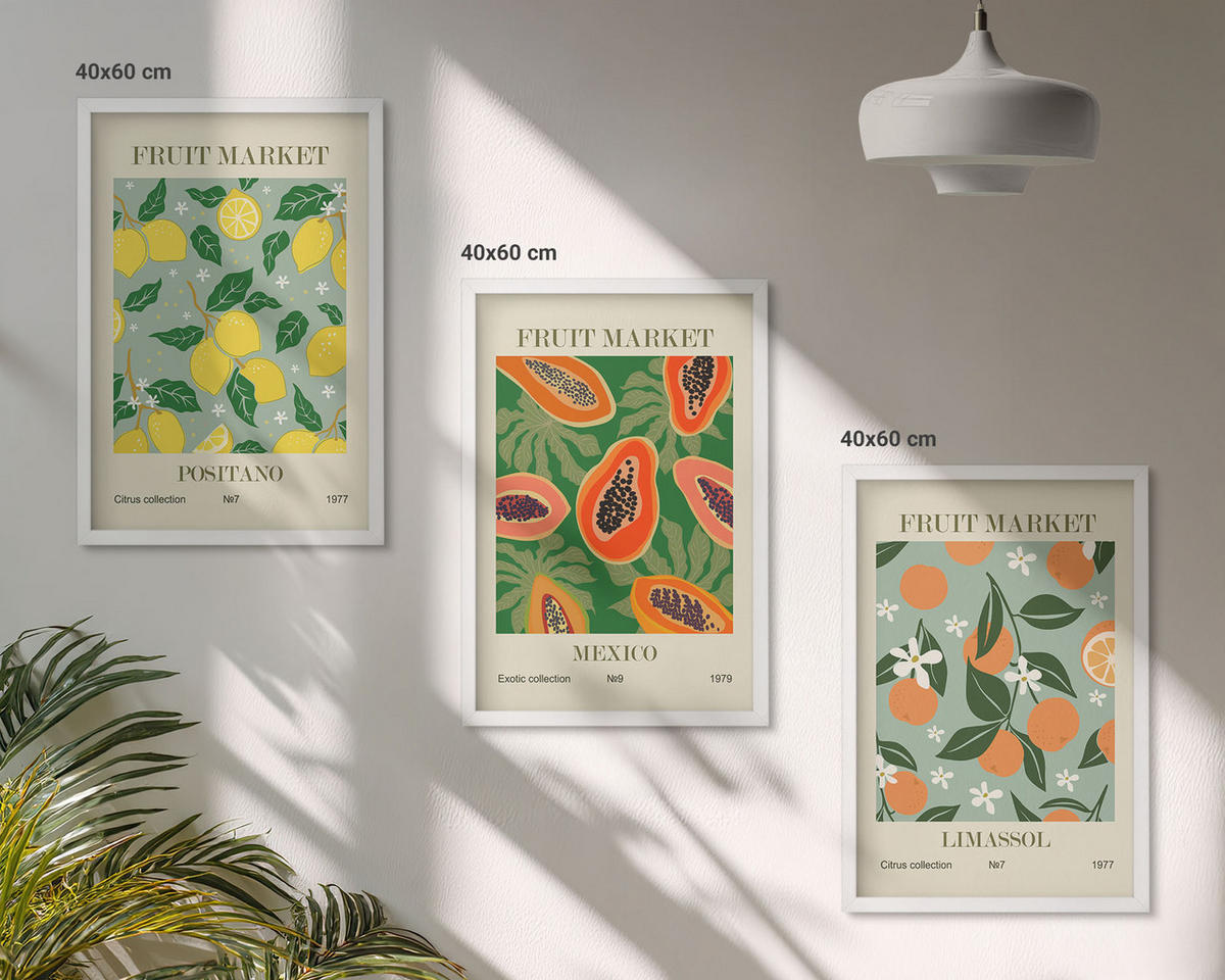 WANDBILDER 3er-Set - 40x60 cm Weißer Rahmen - Fruchtposter Zitronen Papayas - Weiß, Kunststoff (40/60cm) - ArtPrintCave