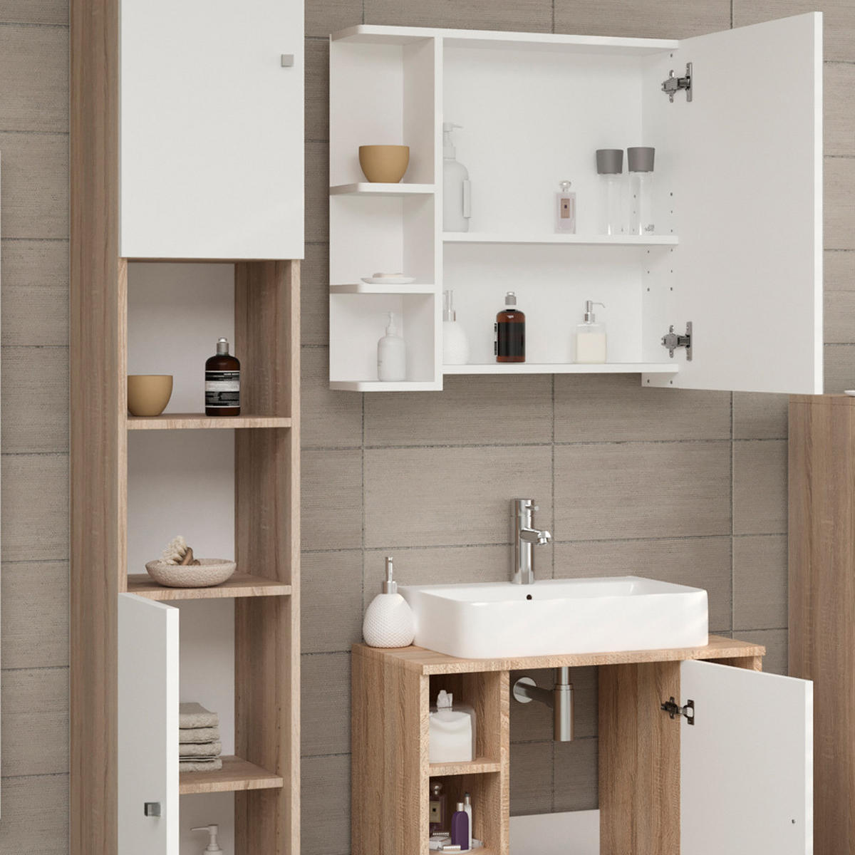 BADMÖBEL-SET Fynn Sonoma 3 Teile, mit Hochschrank - Weiß/Sonoma Eiche, Holzwerkstoff (60/54/32cm) - Vicco