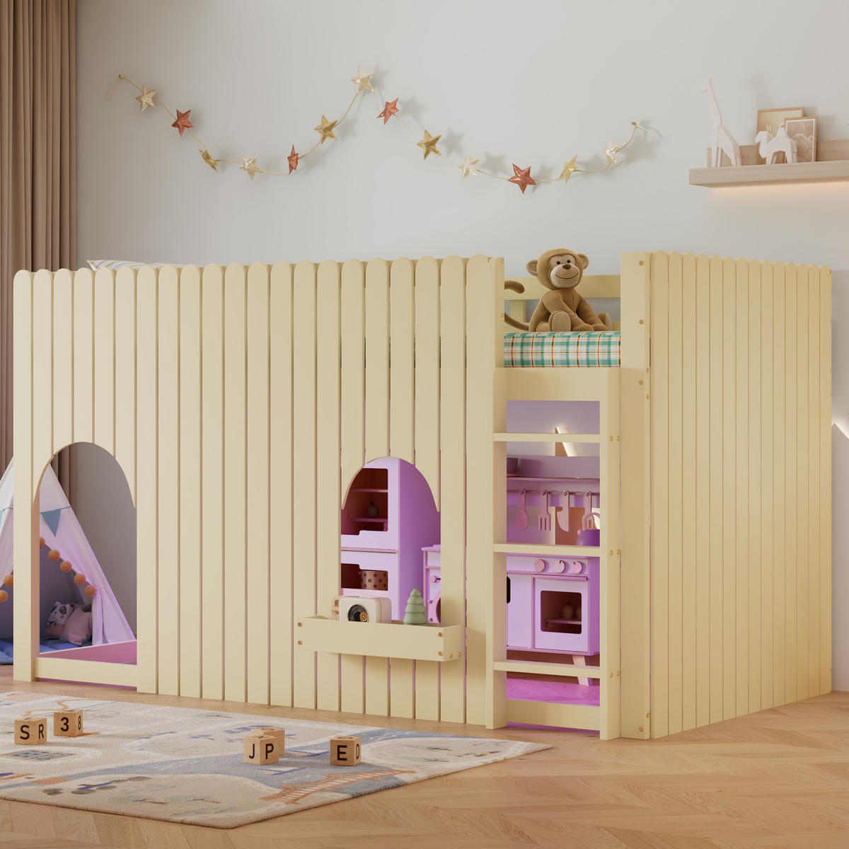 HOCHBETT mit LED 90x200 cm Kiefer MDF Natur - Naturfarben, Holz (90/200cm) - Meubliv