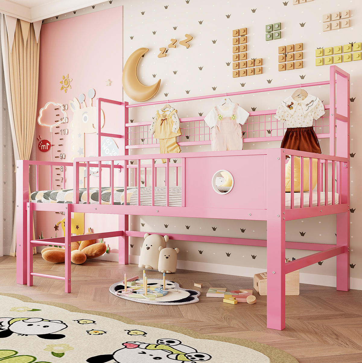 KINDERBETT 90/200 cm rosa aus Metall und MDF mit Stauraum - Rosa, Holzwerkstoff (90/200cm) - OKWISH