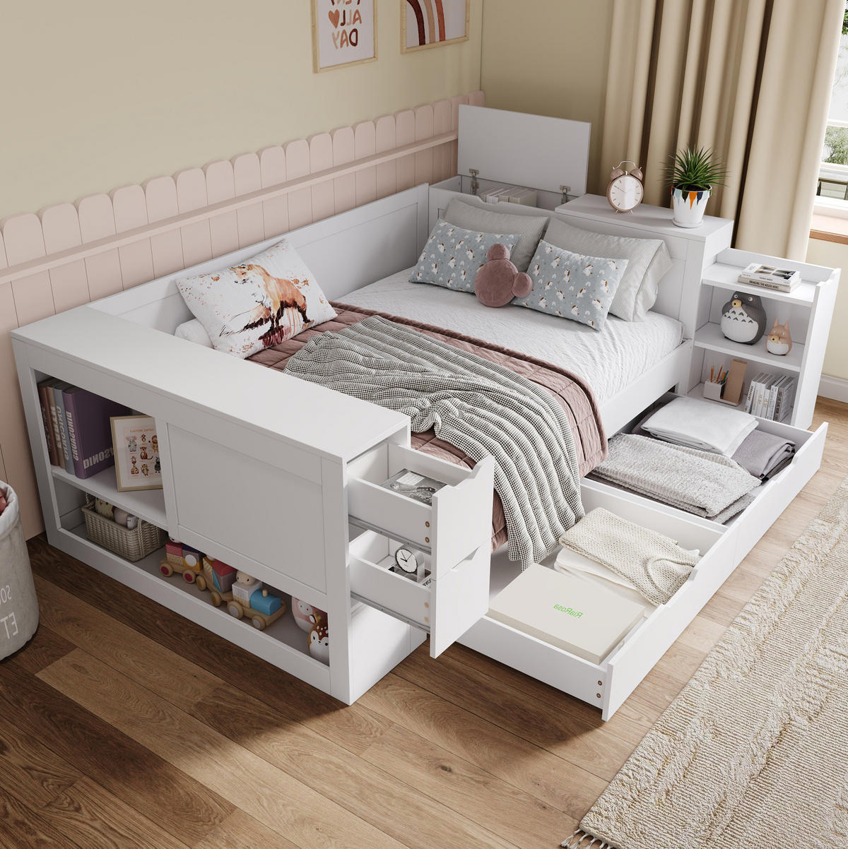 KINDERBETT aus MDF 140x190 cm Weiß mit Schubladen, Regalfächern und Stauraum - Weiß, Holzwerkstoff (140/190cm) - Modfu