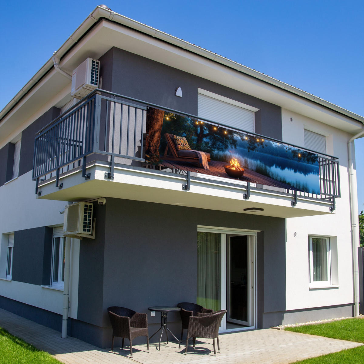 BALKON-SICHTSCHUTZ Lagerfeuer - See - Abendlicht - Dunkelblau, Kunststoff (300/80cm) - MuchoWow