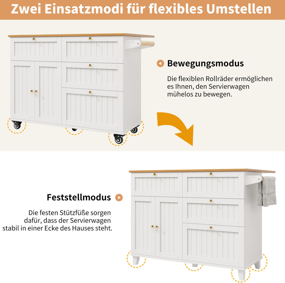 KUHINJSKI voziček 133/37,3/88 cm iz MDF z zložljivo ploščo, kolesi in nastavljivimi nogami, Bela - bela, leseni material (133/88/37.3cm) - Redom