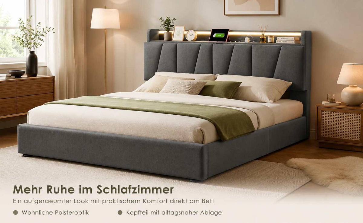 POLSTERBETT 140/200 cm grau mit Stauraum-Kopfteil und LED-Beleuchtung - Grau, Textil (140/200cm) - OKWISH