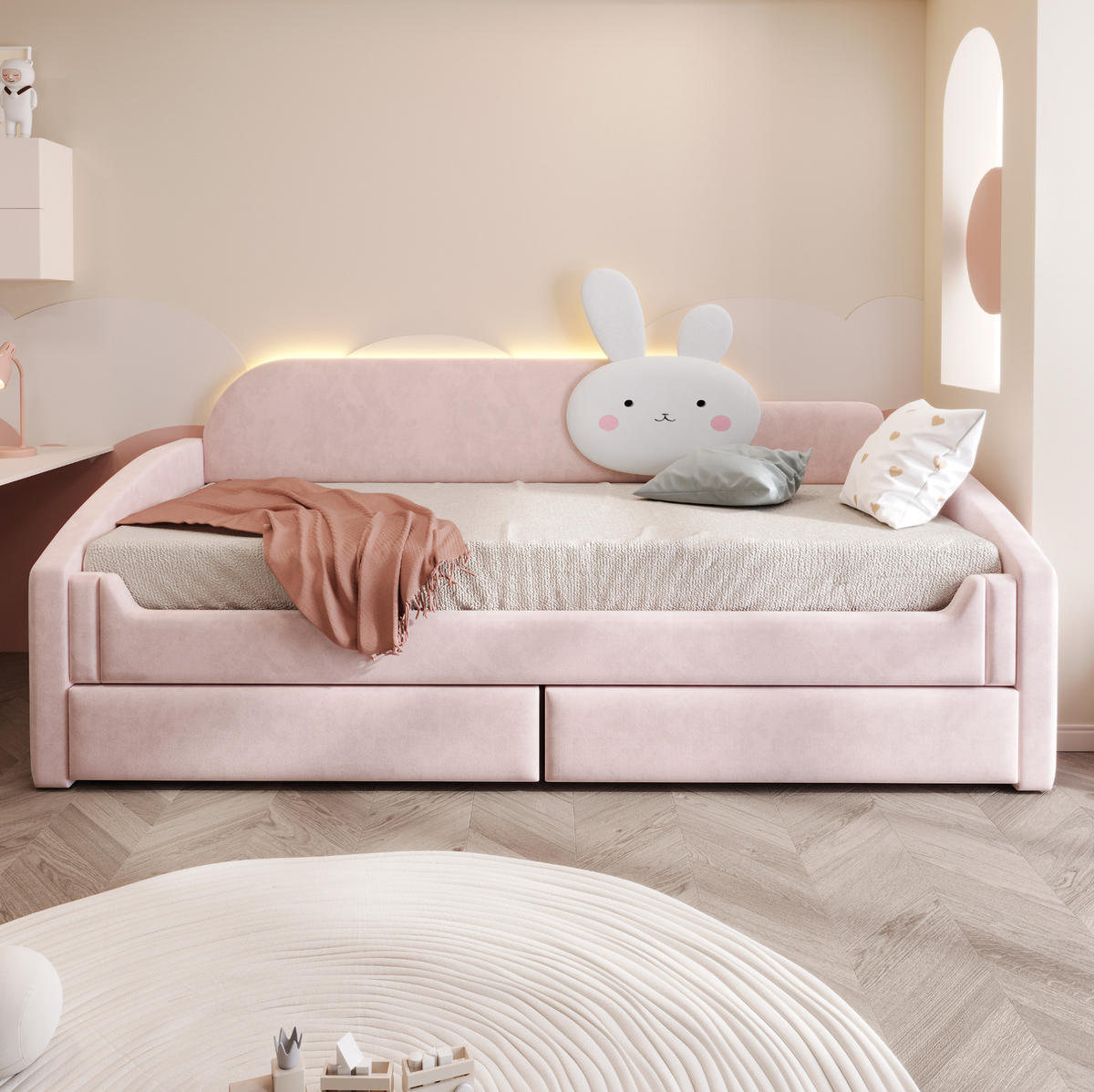 KINDER-POLSTERBETT 90x200 cm in Rosa mit LED-Beleuchtung und 2 Schubladen - Pink, Textil (90/200cm) - IVMEU