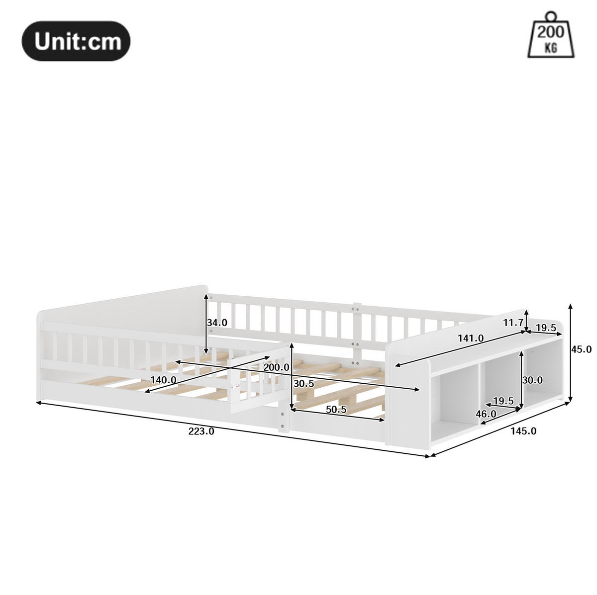 KINDERBETT aus Kiefer/MDF 140x200 cm Weiß mit offenem Stauraum, Regalen und zu öffnender Zauntür - Weiß, Holzwerkstoff (140/200cm) - Modfu