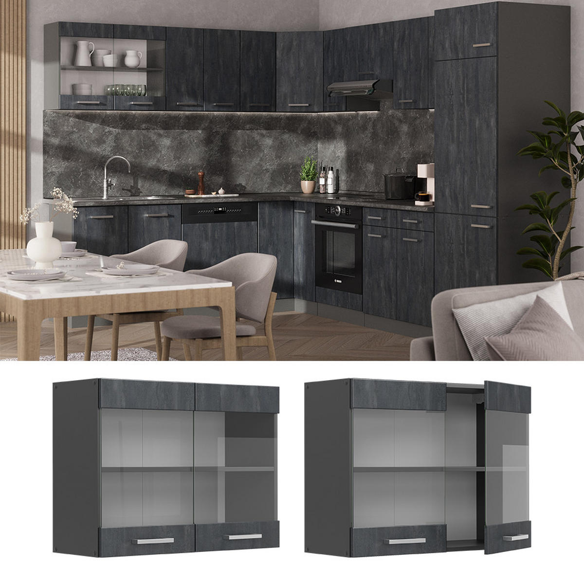 KÜCHENGLASSCHRANK R-Line Schwarz Beton 80 cm - Anthrazit/Schwarz, Holzwerkstoff (80/60/31cm) - Vicco