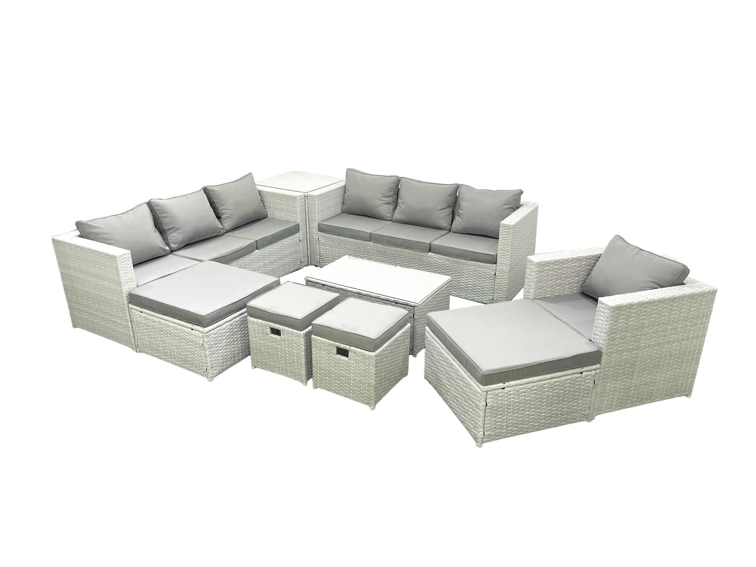 GARTENSET mit 3-SITZER SOFA,COUCHTISCH Polyrattan Hellgrau-Mix 11-Sitzer - Hellgrau/Grau, Glas/Kunststoff - Fimous