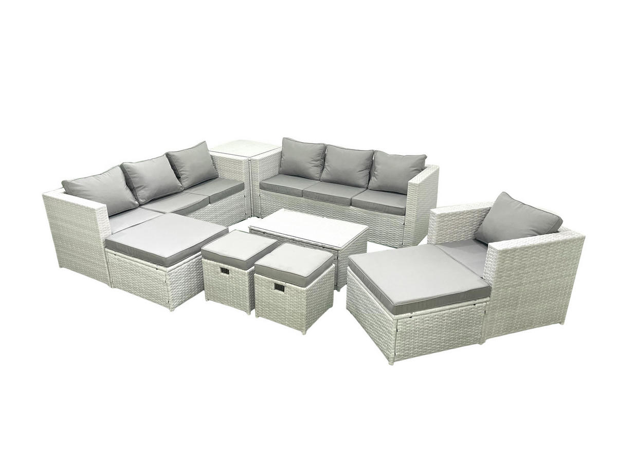 GARTENSET mit 3-SITZER SOFA,COUCHTISCH Polyrattan Hellgrau-Mix 11-Sitzer - Hellgrau/Grau, Glas/Kunststoff - Fimous
