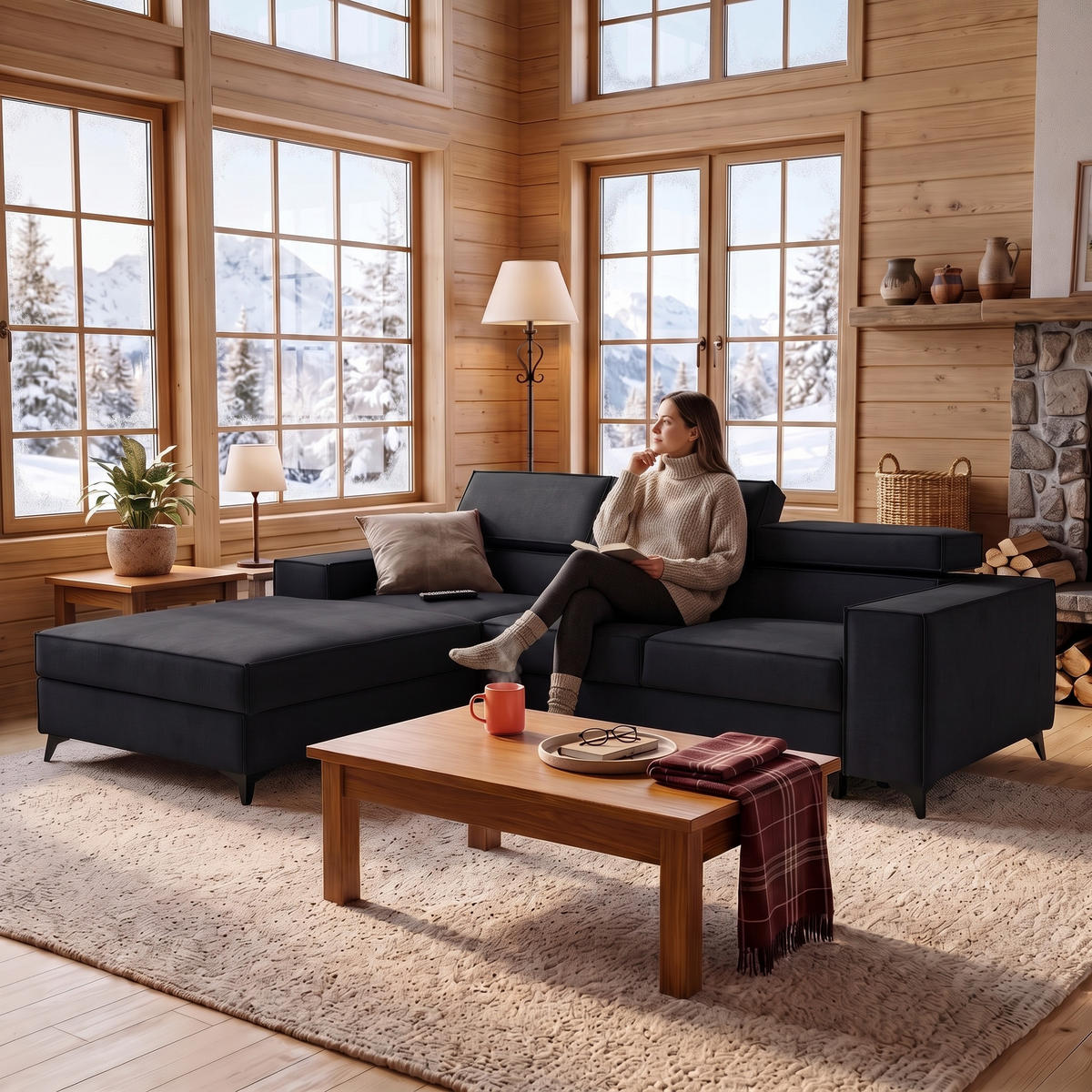 ECKSOFA PURE S Links mit Schlaffunktion 127x215 Velours Graphit - Graphitfarben/Schwarz, Holz/Textil (281/204cm) - Muffo