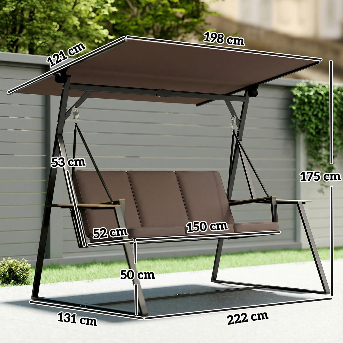 GARTENSCHAUKEL mit Tablett, Dreisitzer-Schaukel, braun - Braun, Metall (132/78.5/398.5cm) - Vallsero