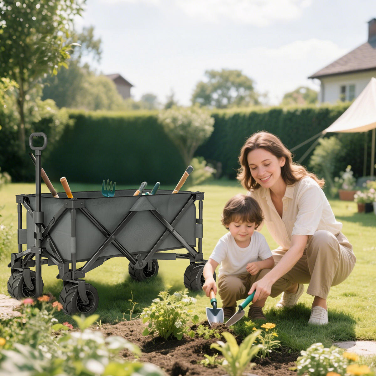 GARTENWAGEN DE-10507 faltbar, 360°-Räder, 70 kg Dunkelgrau - Dunkelgrau, Metall (55/91/108cm) - ComfortXL
