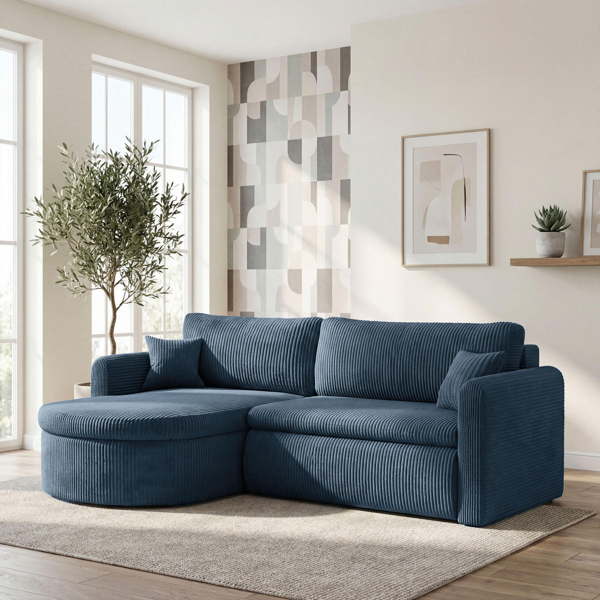 ECKSOFA Cora mit Schlaffunktion & Stauraum, Universell Rechts/Links, Blau Cord Chenille 260/82/160 cm - Blau/Schwarz, Kunststoff/Textil (250/160cm) - WFL GROUP