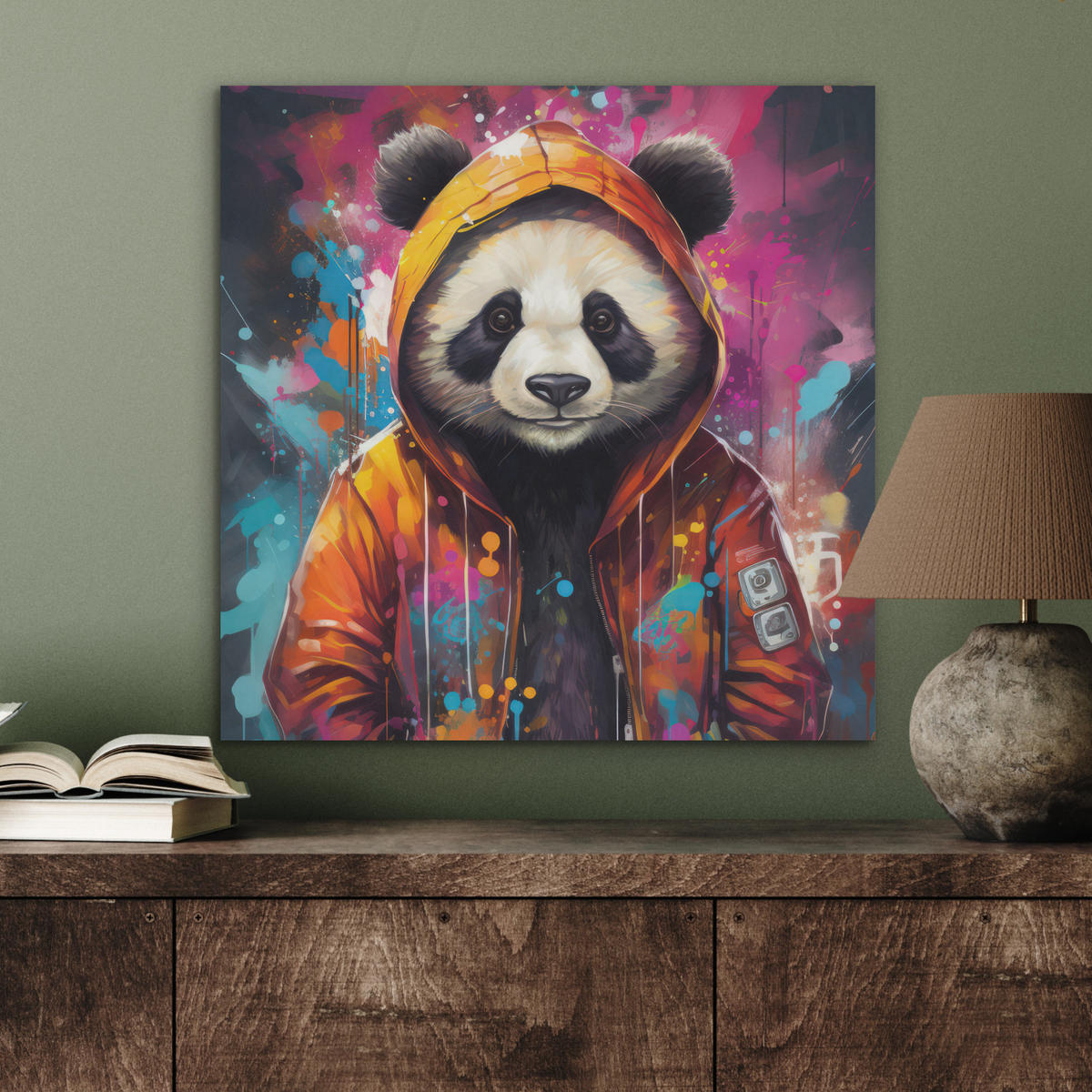 AKUSTIKBILD Panda - Jacke - Graffiti - Orange Wandbilder 60x60 cm - Orange, Kunststoff (60/60/0.9cm) - MuchoWow
