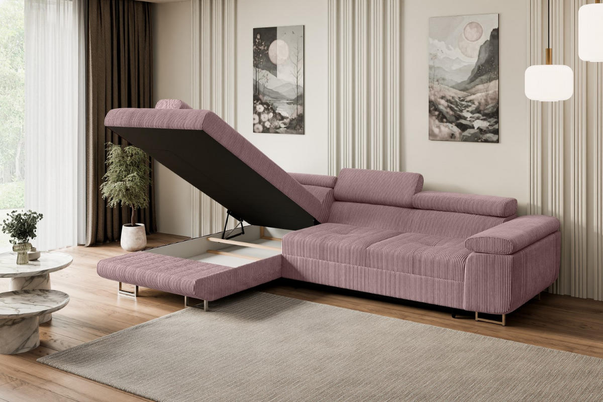 ECKSOFA mit Schlaffunktion und Bettkasten GUSA-L 272x202x107 cm Rosa Cord - Silberfarben/Rosa, Holzwerkstoff/Textil (202/272cm) - ALTDECOR