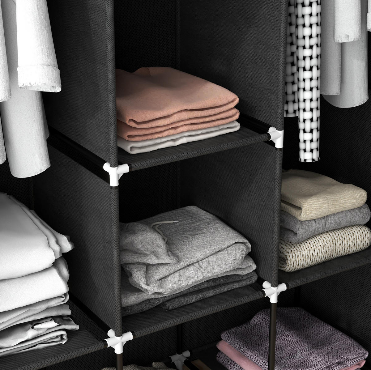 KLEIDERSCHRANK aus Stoff 125x43x162,5 cm Schwarz mit 2 Kleiderstangen und 8 Einlegeböden - Schwarz, Textil (125/162.5/43cm) - Modfu