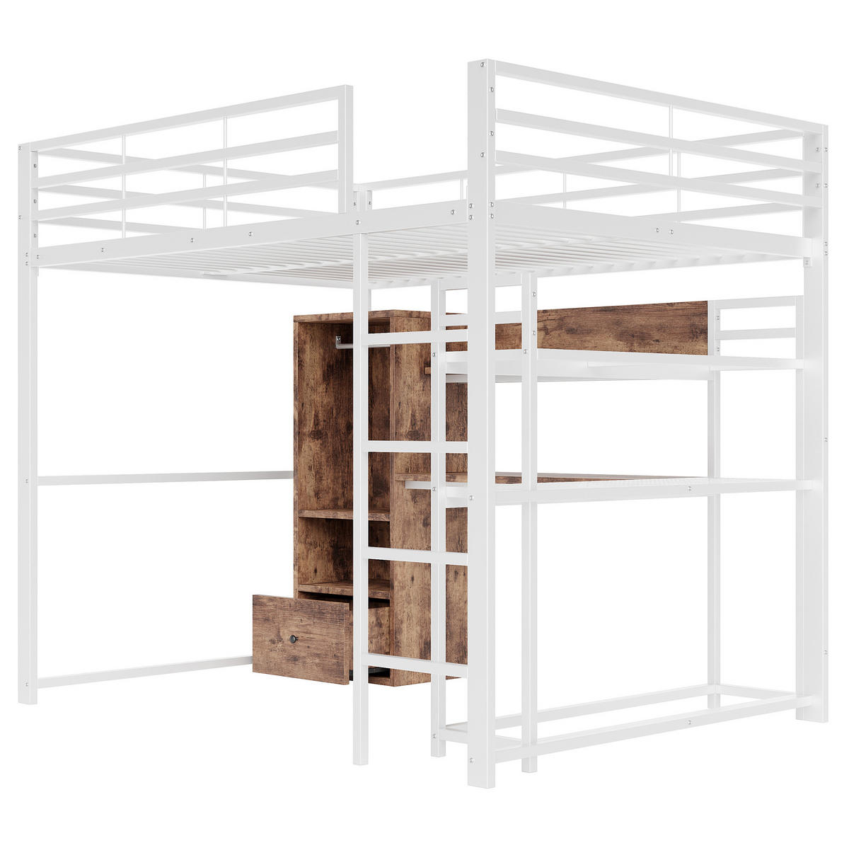HOCHBETT aus Metall und MDF 140x200 cm Weiß mit LED-Beleuchtung, Schreibtisch, Regal und Schublade - Weiß, Holzwerkstoff (90/190cm) - Modfu
