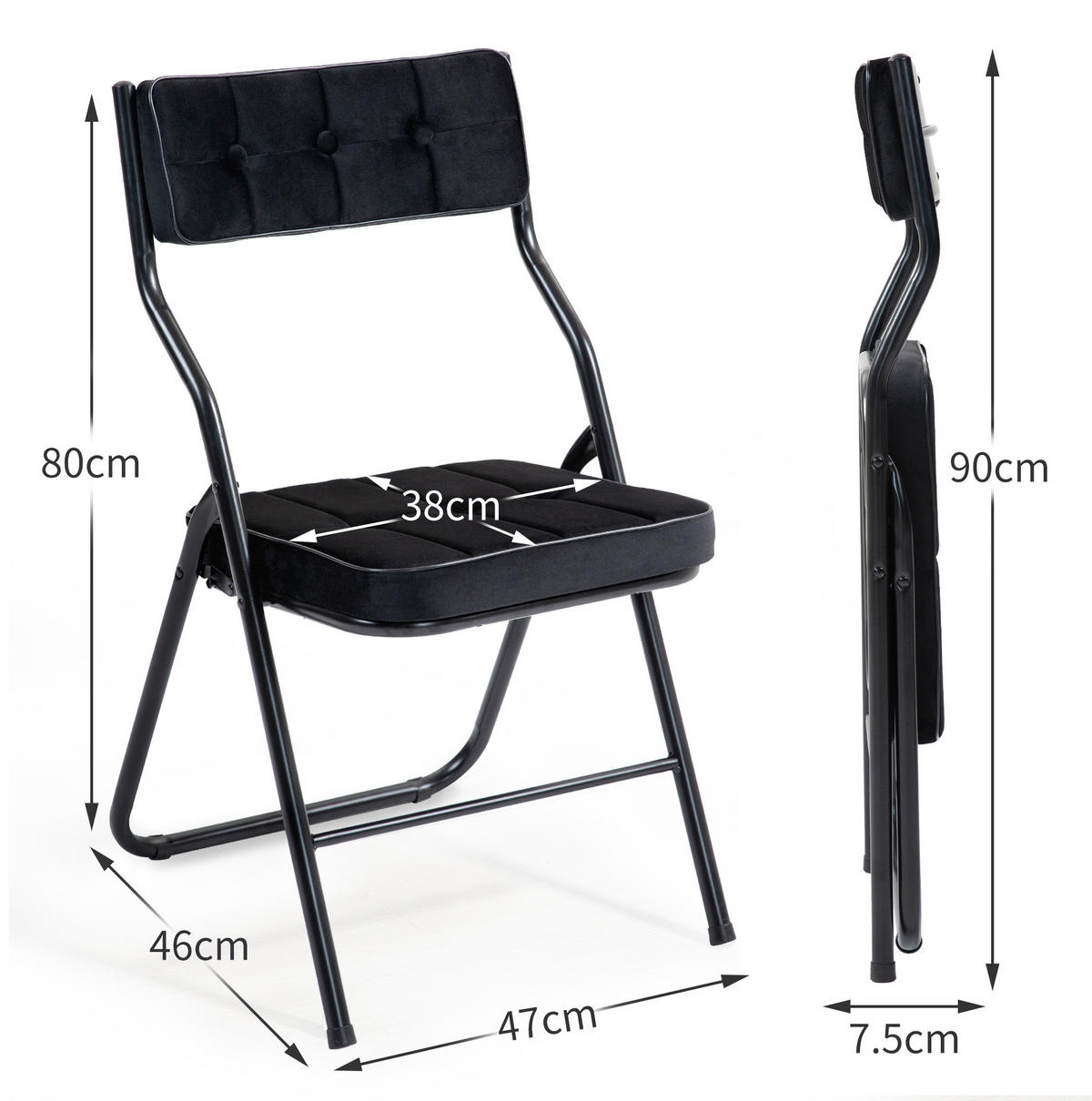KLAPPSTUHL gepolstert klappbar Stahl Schwarz 2er-Set - Schwarz, Metall (47/80/46cm) - Meubliv