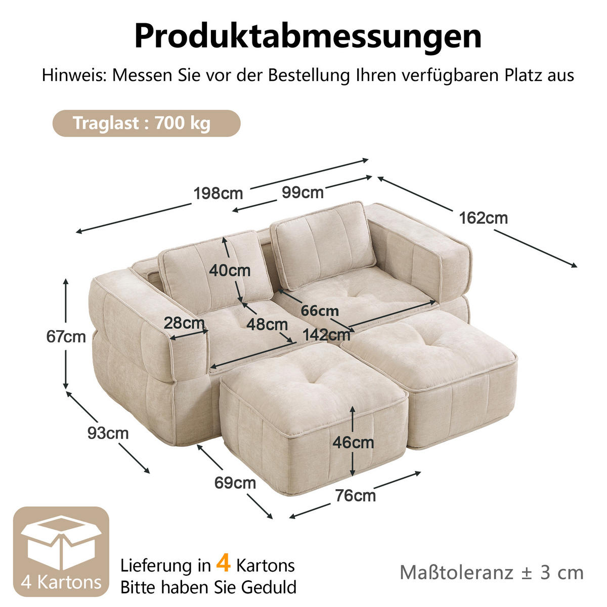 2-SITZER-SOFA DE-34428 modular mit 2 Hockern Beige - Beige, Textil (162/67/198cm) - ComfortXL
