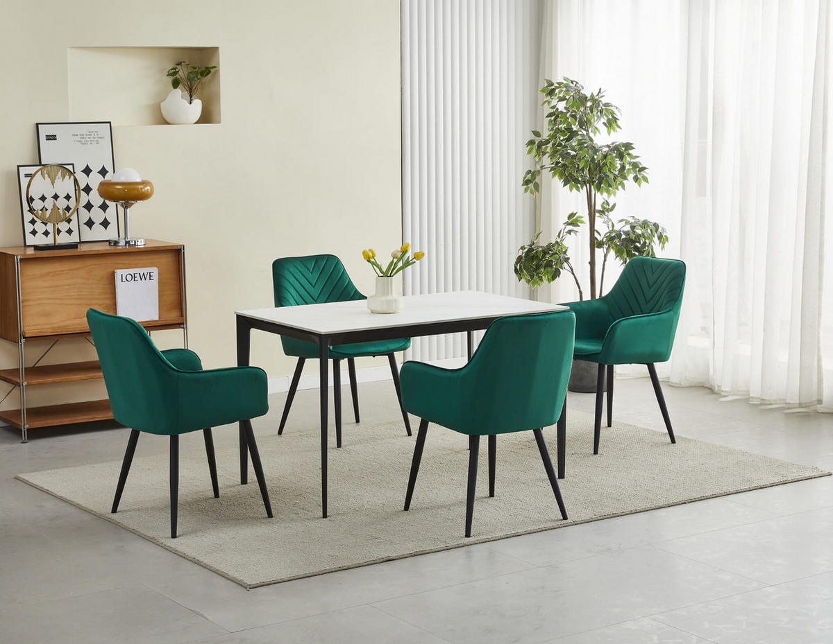 STUHL NEMI 4-er Set, Grün, Schwarz, mit Samtstoff gepolstert - Grün, Textil/Metall (54/84/61cm) - Komodee