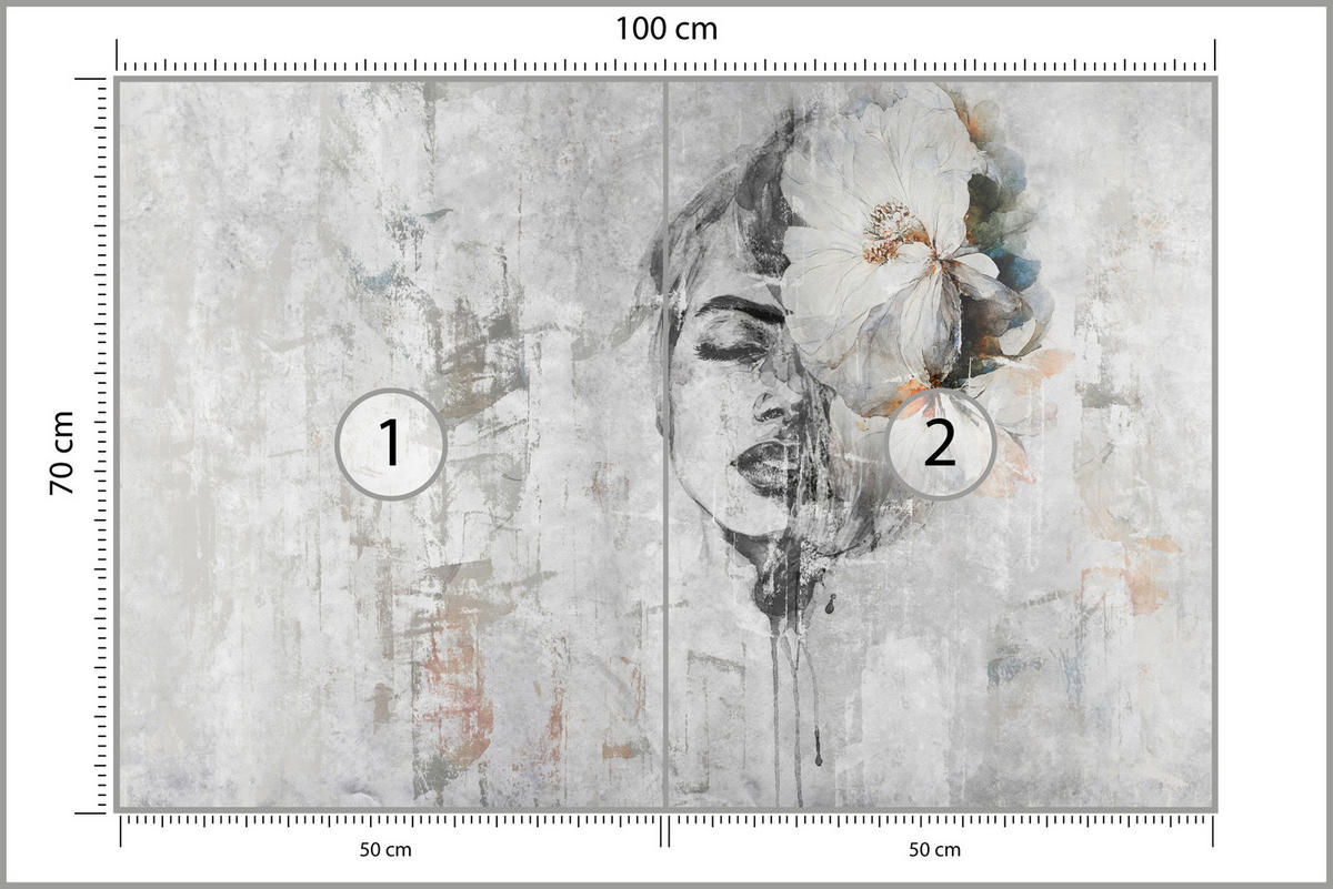 FOTOTAPETE für Schlafzimmer Frau Porträt Blume Beton Abstraktion 100x70 - Blau/Orange, Papier (100/70cm) - Muralo