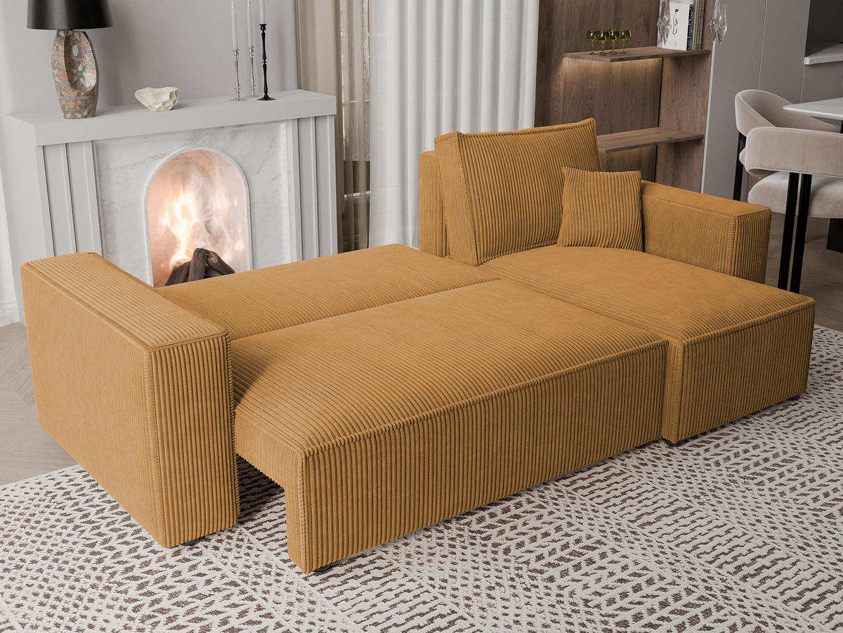 ECKSOFA PARIS mit Schlaffunktion und Bettkasten, Stoff Senfgelb - Currygelb, Kunststoff/Textil (244/145cm) - Idohome