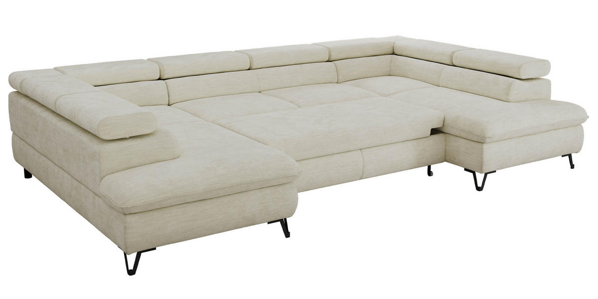 WOHNLANDSCHAFT PABLO U Schenille glatt Creme mit Topper T25 - Creme/Schwarz, Textil/Metall (346/76/208cm) - MKS