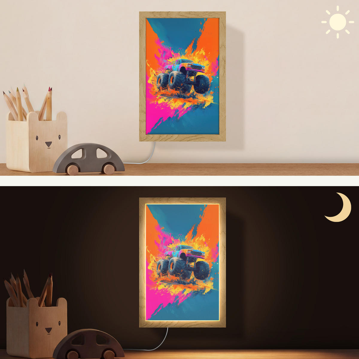 NÁSTĚNNÁ LAMPA Monster truck - Abstraktní - Stříkající barva - Barevné 20x30 cm - růžová, kompozitní dřevo (20/30/8cm) - OnlyWow