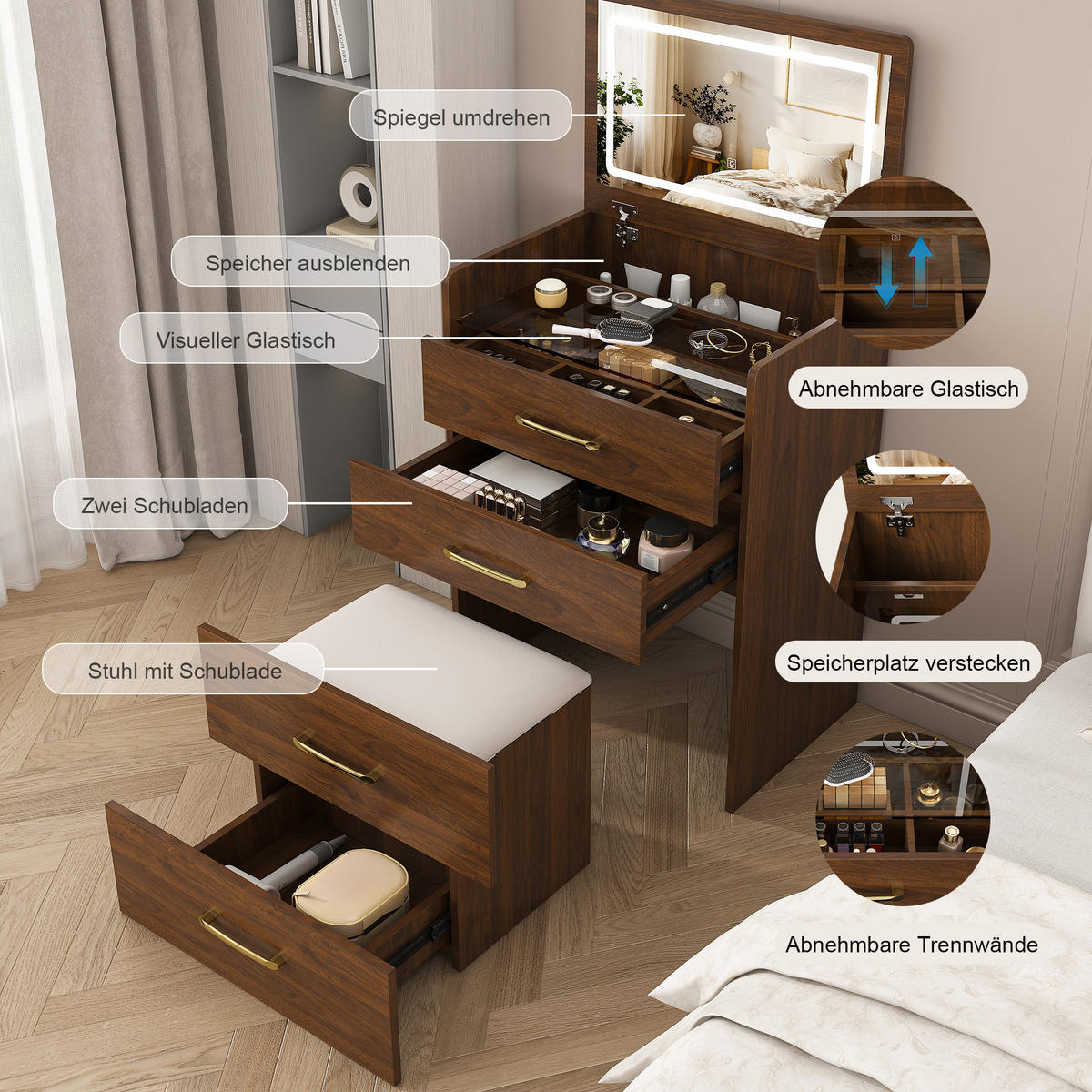 SCHMINKTISCH 40/60/118 cm walnussfarben aus MDF 3-in-1 mit Hocker - Weiß, Holzwerkstoff (40/118/60cm) - OKWISH