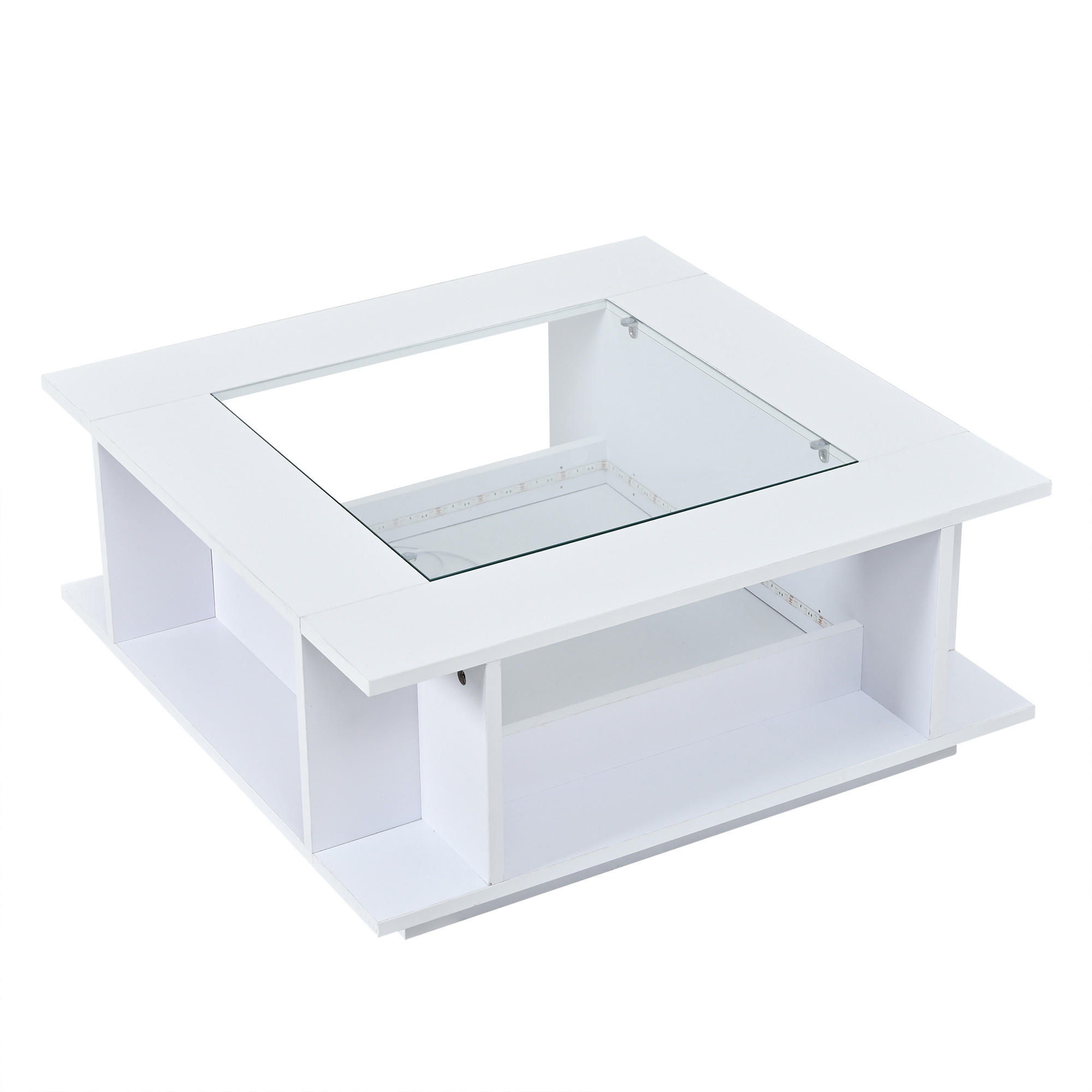 COUCHTISCH DE-37114 quadratisch mit Glasplatte und LED Weiß - Weiß, Holzwerkstoff (70/70/30cm) - ComfortXL
