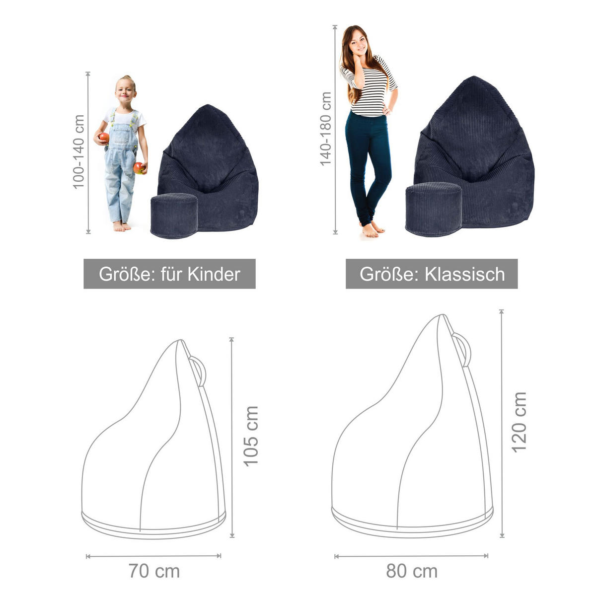 SITZSACK MIT FUßSTÜTZE Kordsamt 2-tlg Blueberry Pie M - Blau/Dunkelblau, Textil (80/120/80cm) - Dreamroots